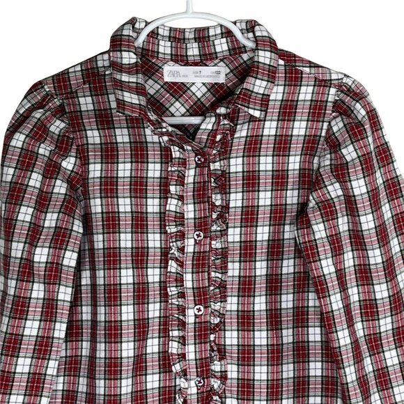 Zara Top Girls Size 7 Kids Button Down Shirt Red White Plaid Holiday Fall Casual - Picture 2 of 10